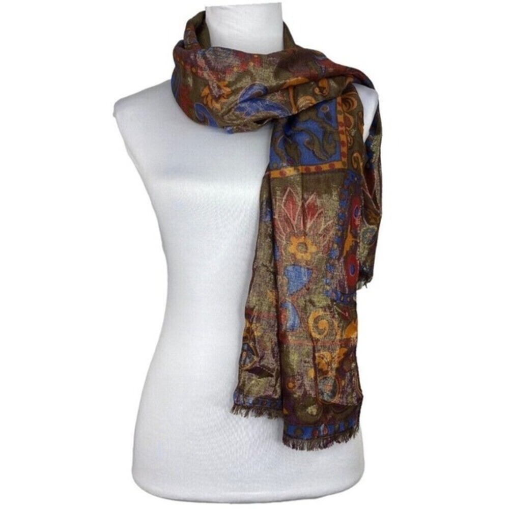 Bally‎ Vintage Gold Metallic Artisan Print Scarf Wool Silk Made in Italy 26x60